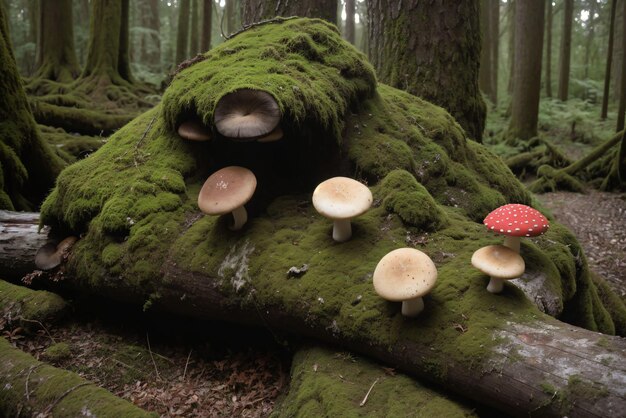 Photo mushrooms peeking out from a mosscovered log