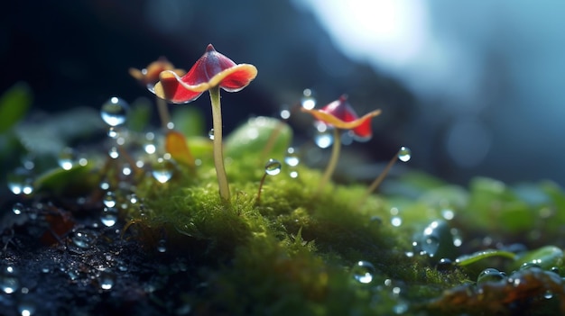 Mushrooms in the rain with water drops