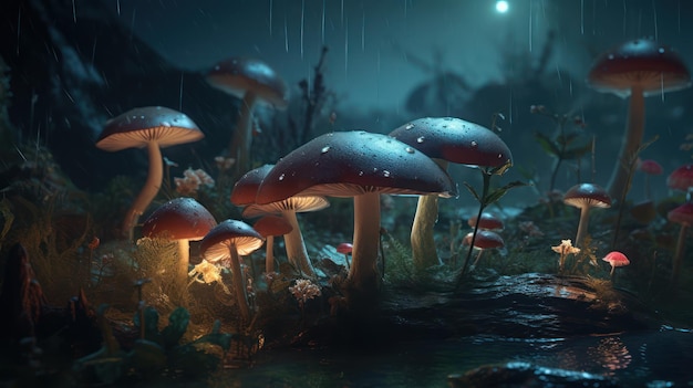 Mushrooms in a rainy night