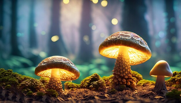 Mushrooms on a rock with a background of a tree with the words " mushroom " on the bottom.