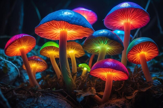 Foto i funghi visti con intense luci dai colori vivaci