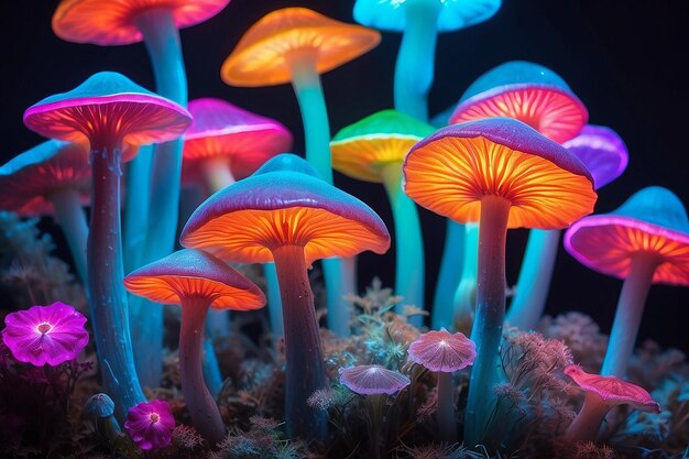 Mushrooms seen with intense brightly colored lights