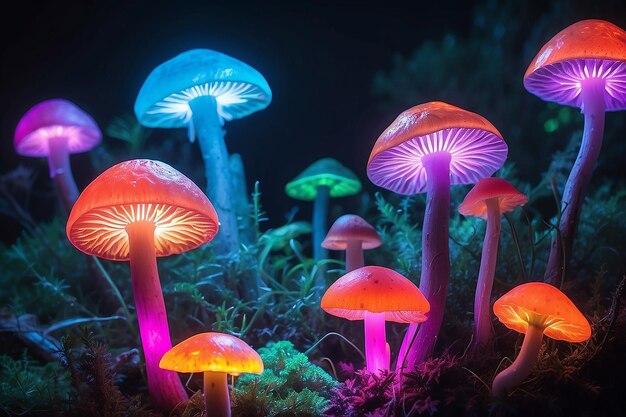 Mushrooms seen with intense brightly colored lights