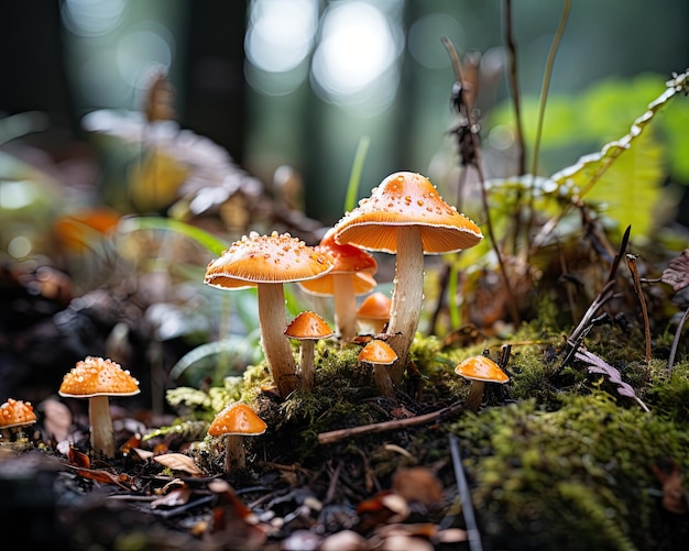 Mushrooms sit atop forest floor in group Generative AI