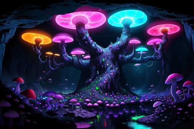 Mushrooms in underground caves cartoons abstract art colorful wallpaper background