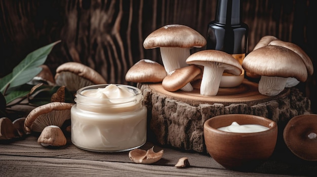 mushrooms on a wooden tray with a bottle of cream cheese.