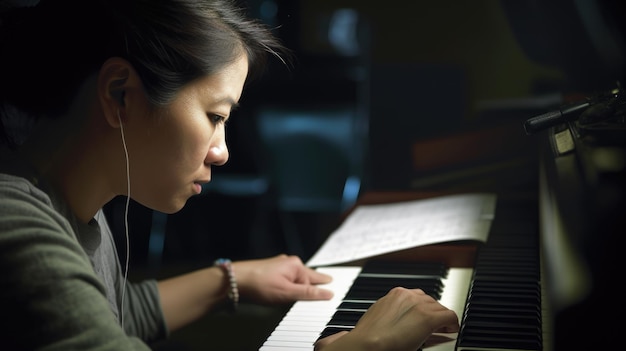 Photo music arranger female asian middleaged creating and arranging musical compositions for various ensembles in rehearsal room generative ai aig22