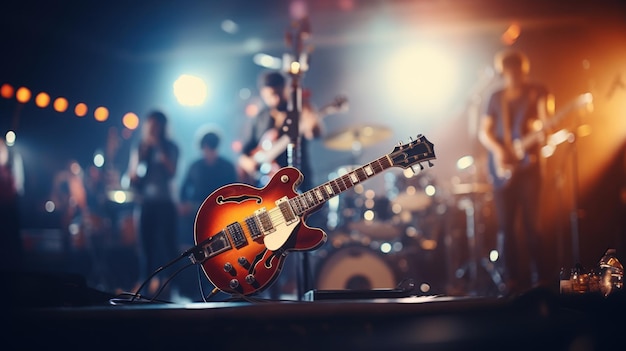 Music band group perform on a concert stage