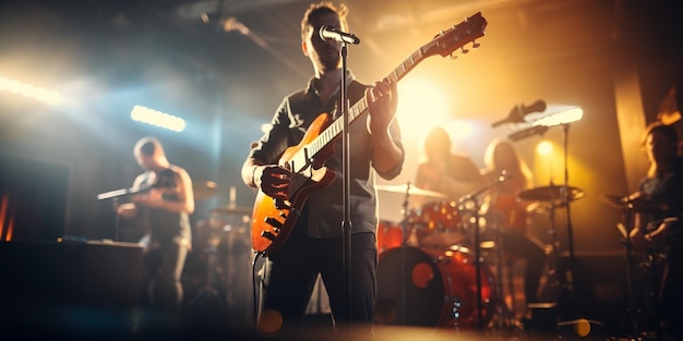 Music band group perform on a concert stage