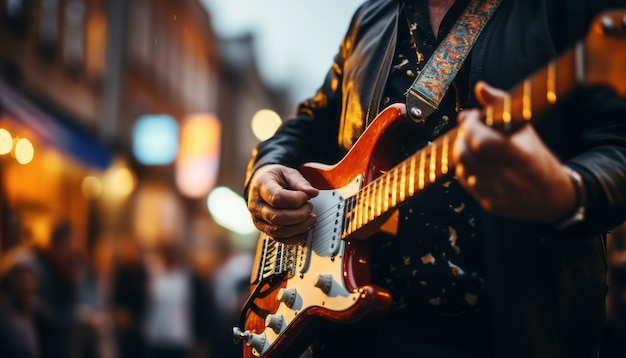 Music band performing on concert stage with guitarist in background soft and blur concept