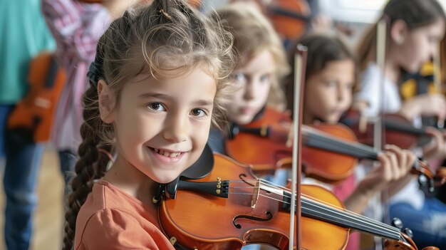 In a music class young female students devote themselves to learning the violin focusing on music and space Generative AI