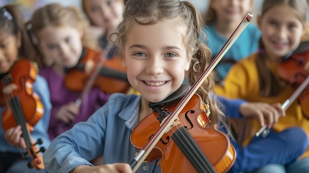 음악 수업에서 젊은 여성 학생들은 음악과 공간에 초점을 맞추고 바이올린을 배우는 데 전념합니다.