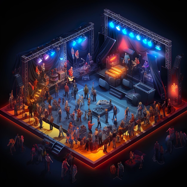 Photo music concert venues with stages bands and enthusiastic audiences ai isometric gaming view