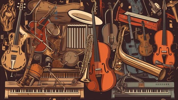 Foto fondo illustrativo del giorno della musica con un set di strumenti grafici kotnur generati dall'ai