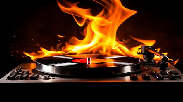 Music Dj concept Trail of fire and smoke on vinyl record Burning vinyl disk Turntable vinyl record player on dark background Selective focus
