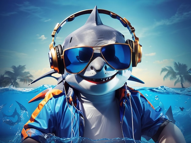 Music dj shark with sunglasses and headphones blue ocean background