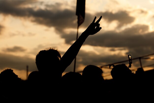 Foto appassionato di musica che gode del festival di musica all'aperto, mano alzata, tramonto