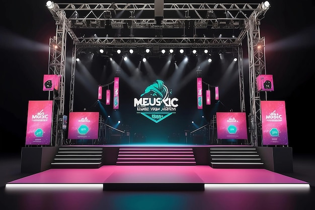 Foto presentazione del marchio del festival musicale incorporare il logo nel design del palco merchandise e segnaletica dell'evento