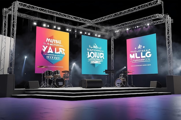 음악 페스티벌 브랜딩 쇼케이스 로고를 무대 디자인 상품 및 이벤트 표지판에 통합
