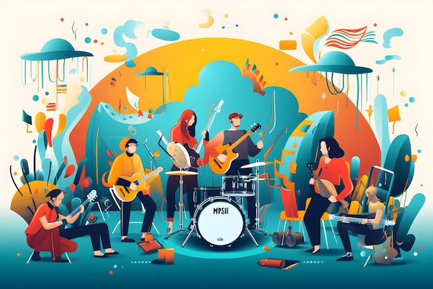 Music festivalVector illustrations of musicians people and musical instruments drums cello