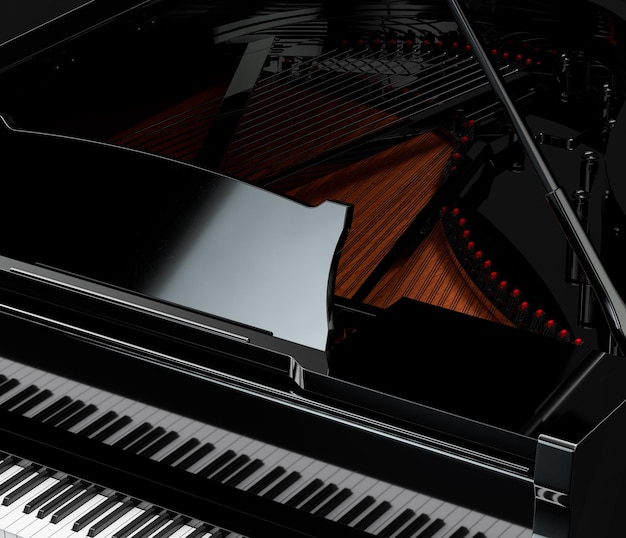 Music instrument black grand piano in a dark studio 3d\
rendering