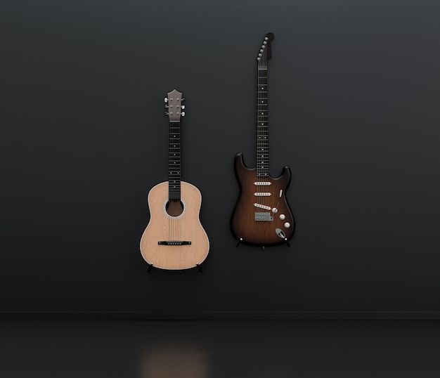 Music instrument electro guitar and acoustic guitar in a dark\
studio 3d rendering