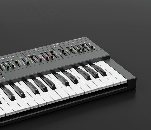 Music instrument synthesizer electronic keyboard on the floor\
in a dark studio 3d rendering