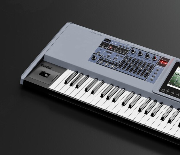 Music instrument synthesizer electronic keyboard on the floor\
in a dark studio 3d rendering