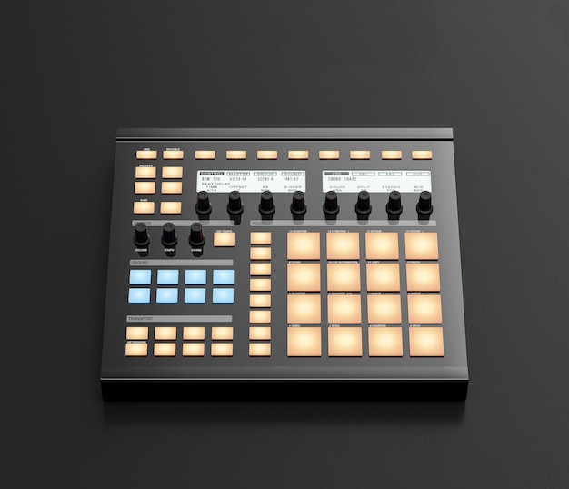 Music instrument usb midi pad controller drum and effect pad in\
a dark studio 3d rendering