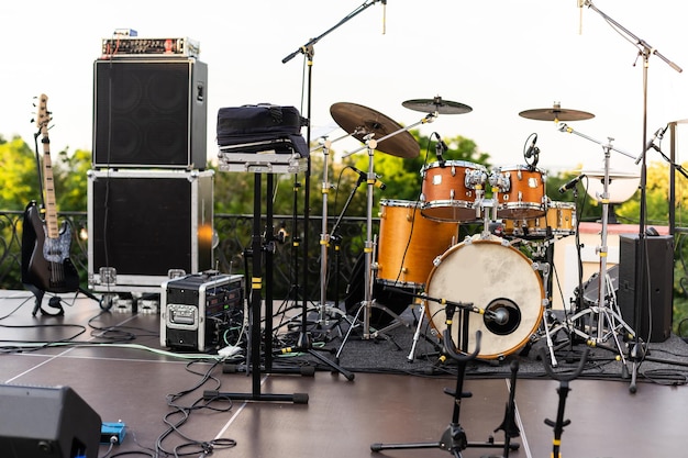 Music Instruments, Drums, Guitar on stage