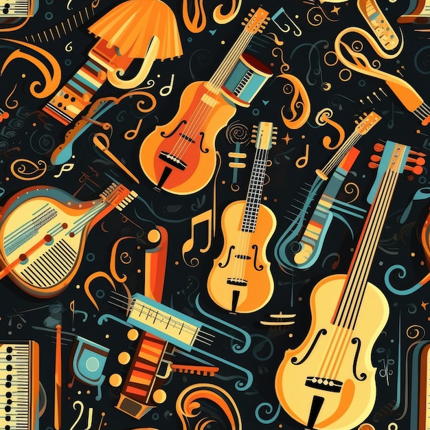 Photo music instruments melodic harmony rhythmic compositions seamless pattern