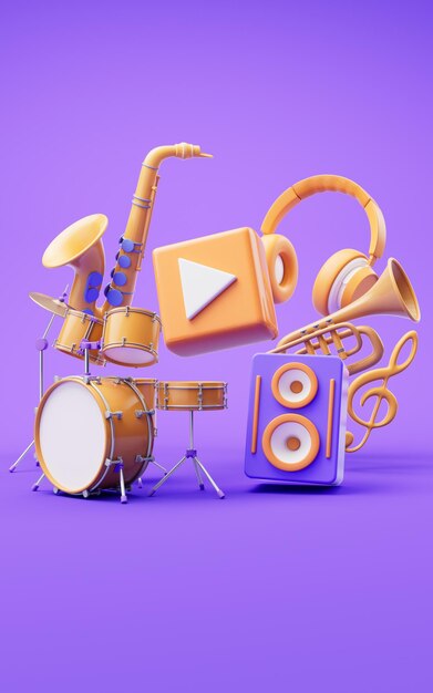 Music instruments with cartoon style 3d rendering 3d illustration