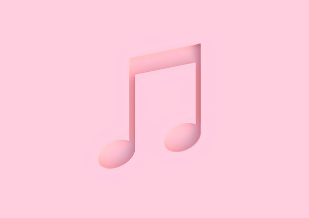 Трехмерная иконка музыкальной ноты на пастельно-розовом фоне. Музыкальная нота с тенью, вдавленной внутрь 3D.