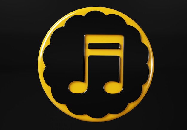 Music note media button buttons Shiny icon with yellow frame and with reflection  3d illustration on black background