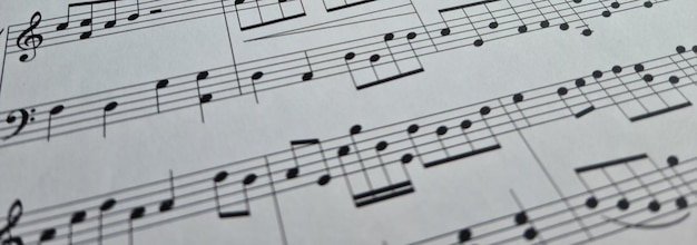 Music notes background Musical concept macro view of white score sheet music