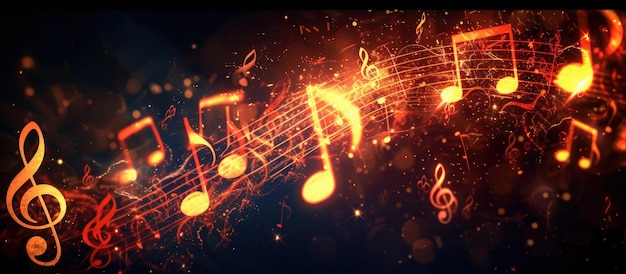 Photo music notes key symbol on fantasy lines of melody on abstract dark background generated ai image