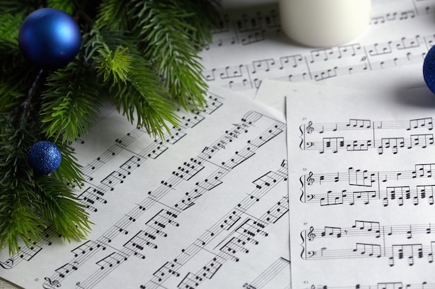 Music notes with Christmas decoration close up