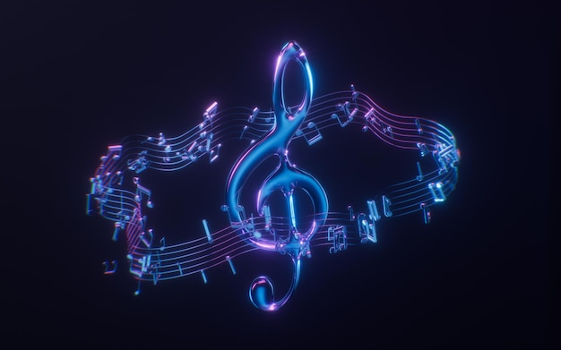 Music notes with dark neon light effect 3d rendering