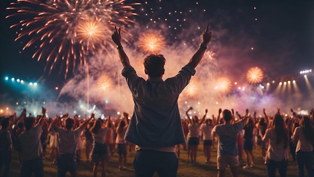 Music open air festival with dancing and cheering audience on fireworks light background Happy party man with hands up celebrating evening concert