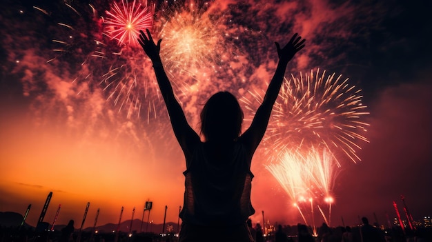 Music open air festival with Happy party girl with hands up dancing and cheering fireworks light background