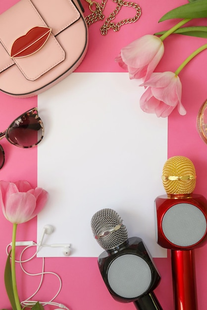 Music party poster with white space inside. Karaoke, Festival. Microphone, flowers, female objects.