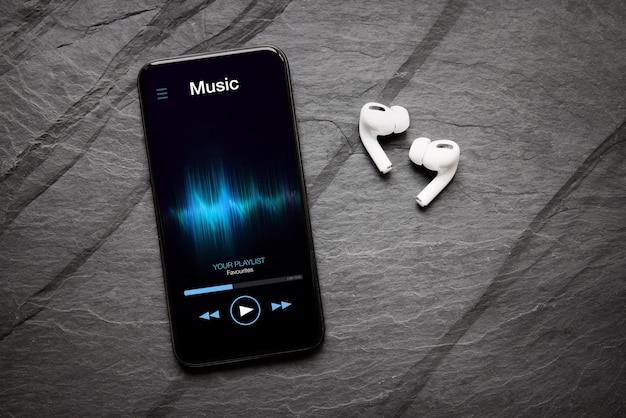 Photo music player on mobile phone and wireless earbuds