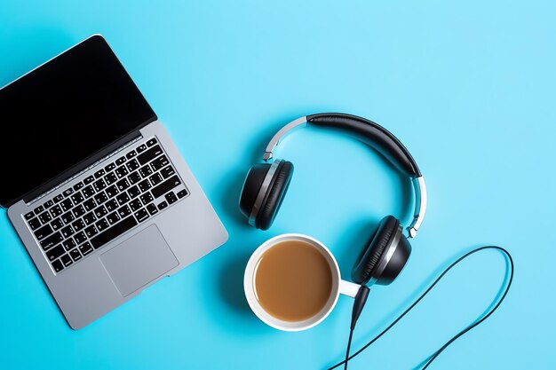 Photo music or podcast background with electronic devices headphones coffee and laptop on office desk