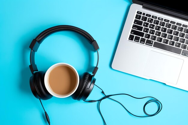 사무실 책상 위에 전자 장치 헤드폰 커피와 노트북이 포함된 음악 또는 팟캐스트 배경