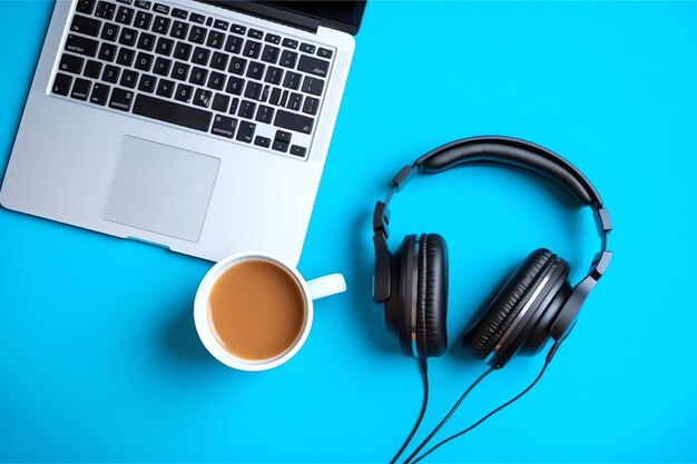 Music or podcast background with electronic devices headphones coffee and laptop on office desk