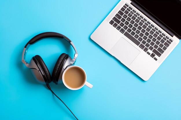 Music or podcast background with electronic devices headphones coffee and laptop on office desk