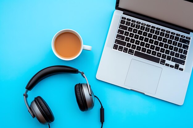 Photo music or podcast background with electronic devices headphones coffee and laptop on office desk