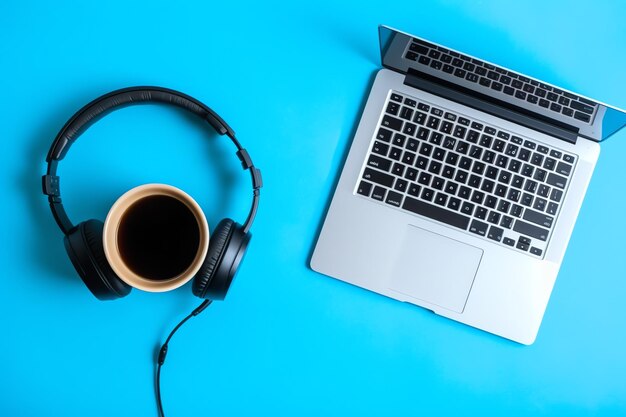 Photo music or podcast background with electronic devices headphones coffee and laptop on office desk