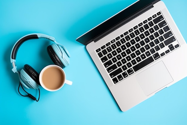 Music or podcast background with electronic devices headphones coffee and laptop on office desk