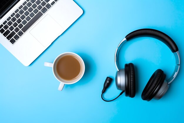 Music or podcast background with electronic devices headphones coffee and laptop on office desk